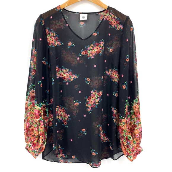 Cabi Blooming Blouse #3594, Floral Print Sheer Long Sleeve V-Neck Top, Medium - Picture 3 of 16